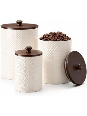 Airtight Ceramic Canister Set with Bamboo Lids | Kitchen Storage - Set of 3